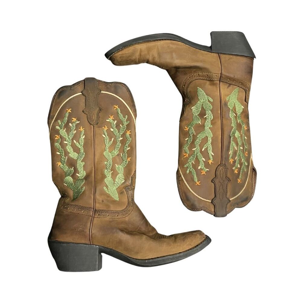 Justin Cowboy Western Boots Embroidered Cactus Shaft 8.5 Square Toe Rubber Sole